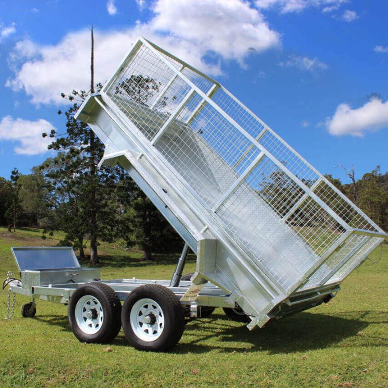 Trailer in tipping position | Featured Image for the Hydraulic 10x 6 Galvanised Tipping Trailer Product Page of Machinery Direct.